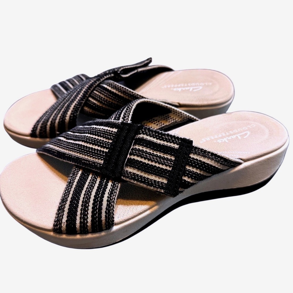 Clarks Cloudsteppers Arla Glitz Black White Striped Wedge Slide Sandals Womens 6